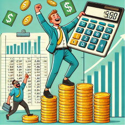 People happy that they have finished their bookkeeping. Man holding calculator while standing on a pile of coins.