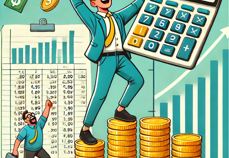 People happy that they have finished their bookkeeping. Man holding calculator while standing on a pile of coins.
