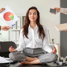 Woman relaxing while people try to overwhelm her with taxes