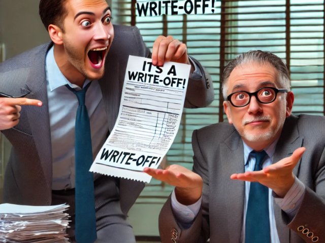 A man excitedly pointing at a paper that says "it's a write off" while another man shrugs his shoulder as if he's unsure if it is or not.