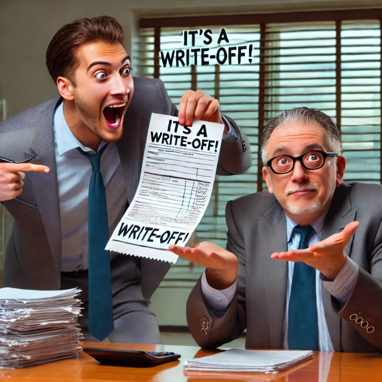 A man excitedly pointing at a paper that says "it's a write off" while another man shrugs his shoulder as if he's unsure if it is or not.